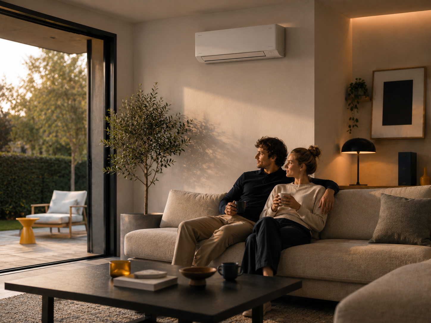 Energiezuinige airco in een rustige moderne woonkamer